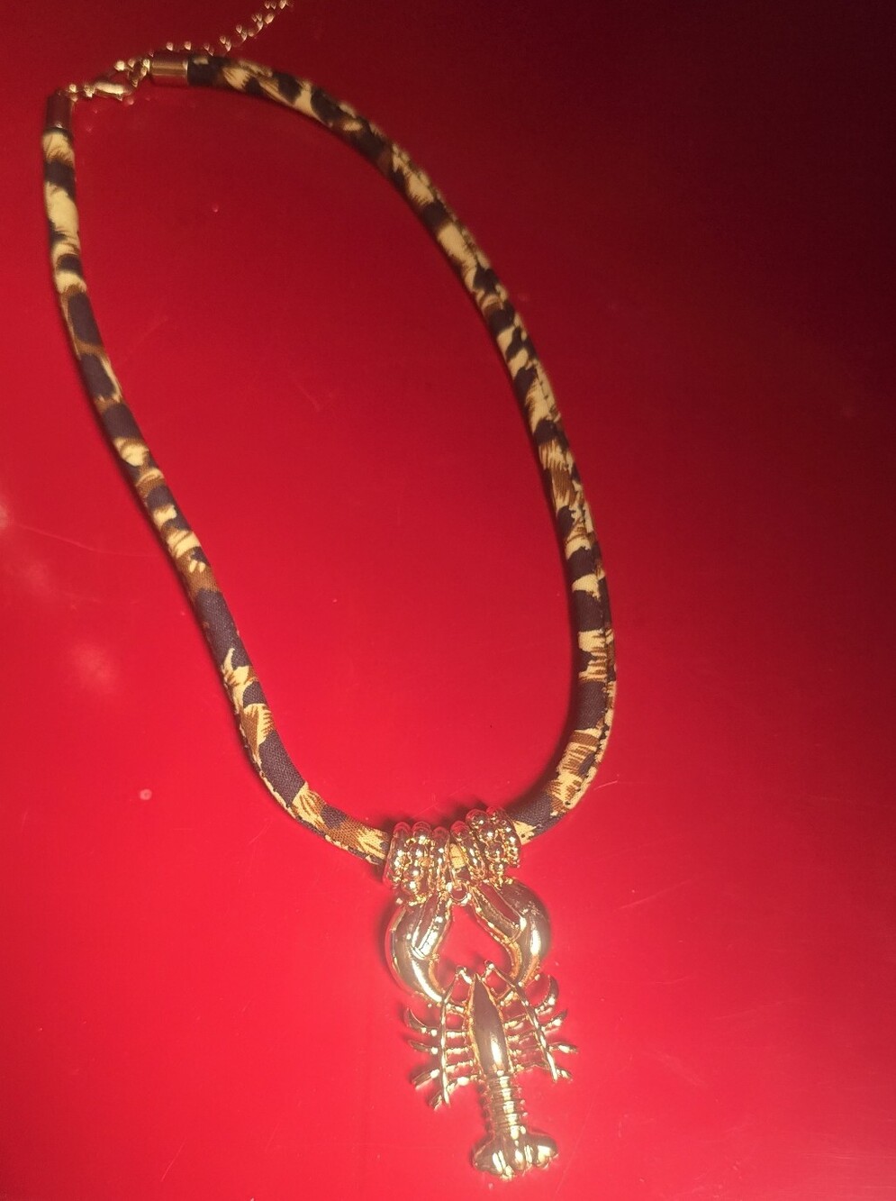 Gold Lobster Pendant Unisex Necklace with Leopard Print Cord 16in -20in